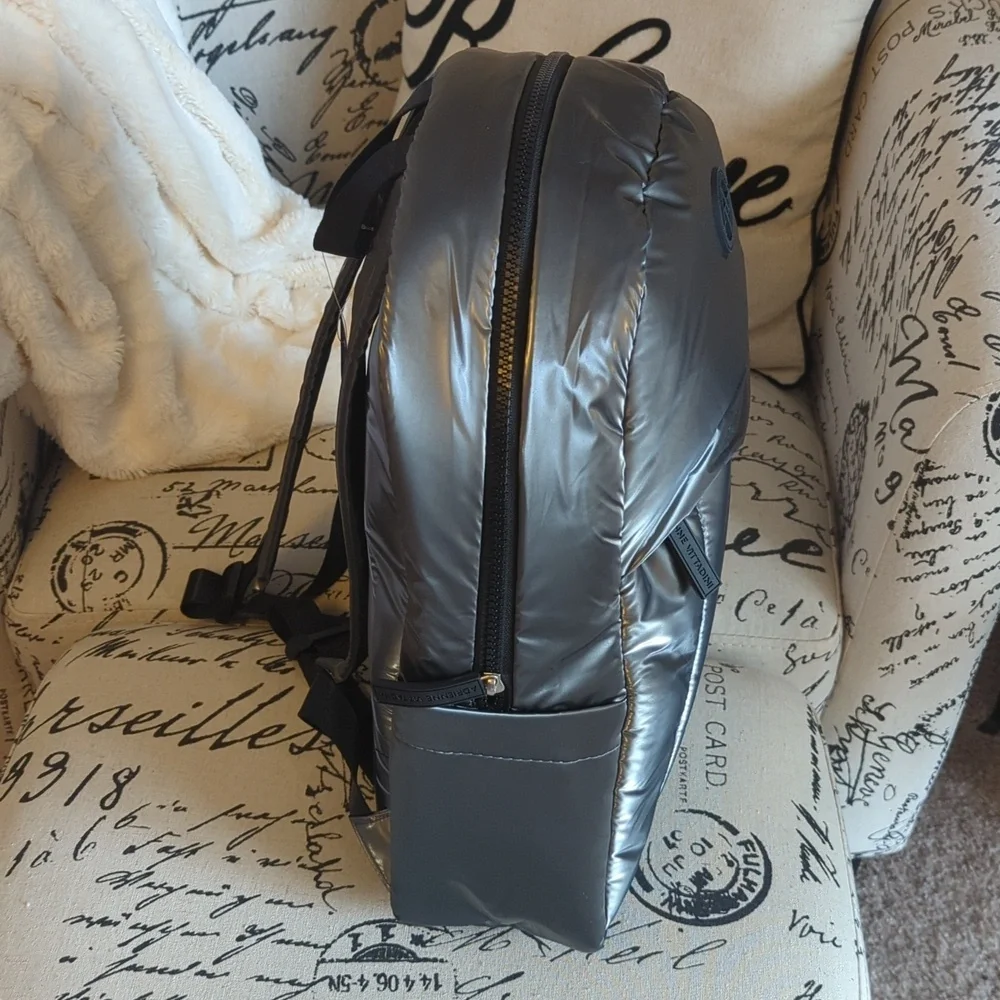 Adrianne Vittadini Lightweight Puffer Backpack Unisex Iridescent Pewter NWT